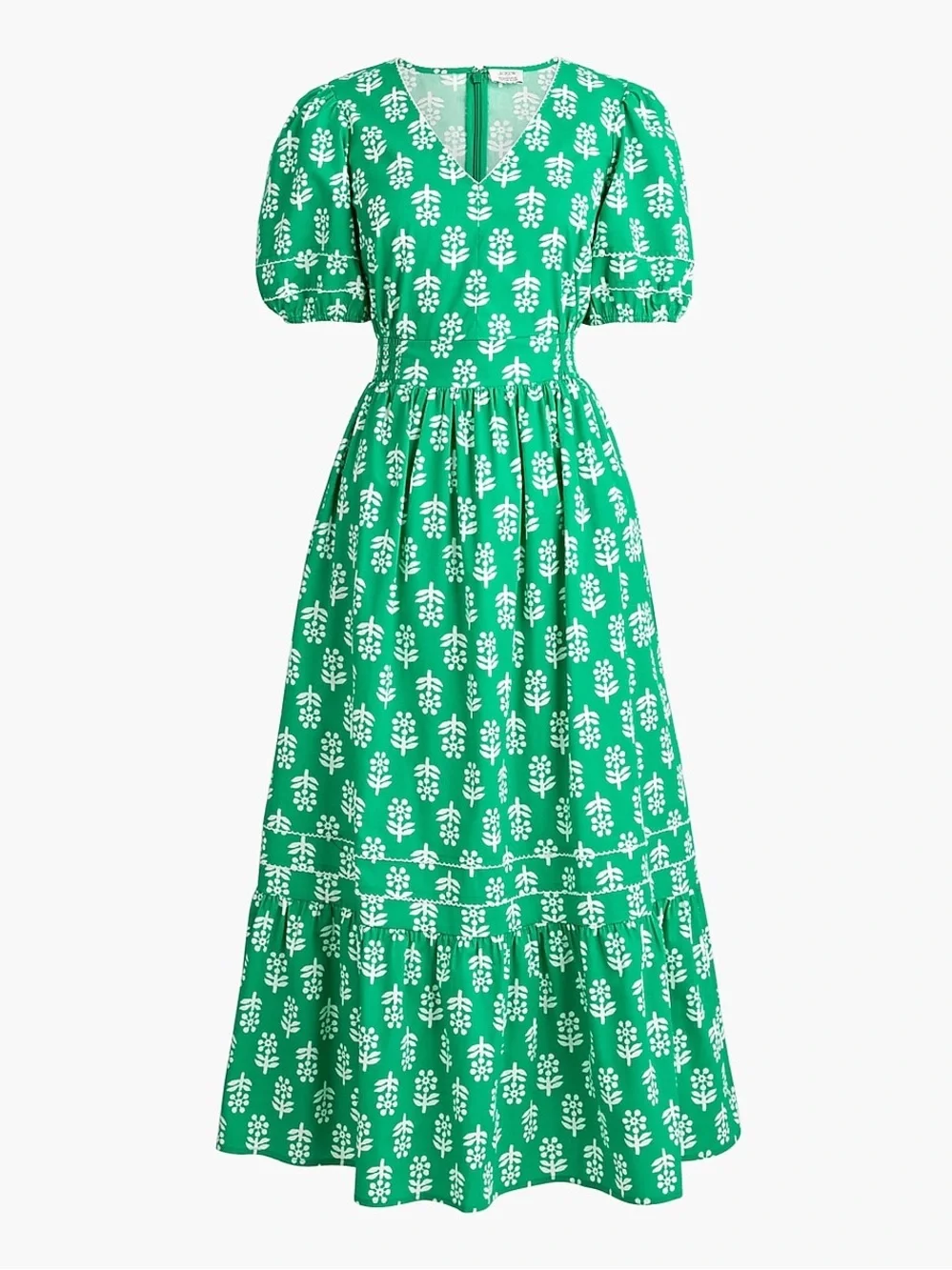 J. Crew Factory Block-Print Puff-Sleeve Midi Dress Emerald Beryl 10